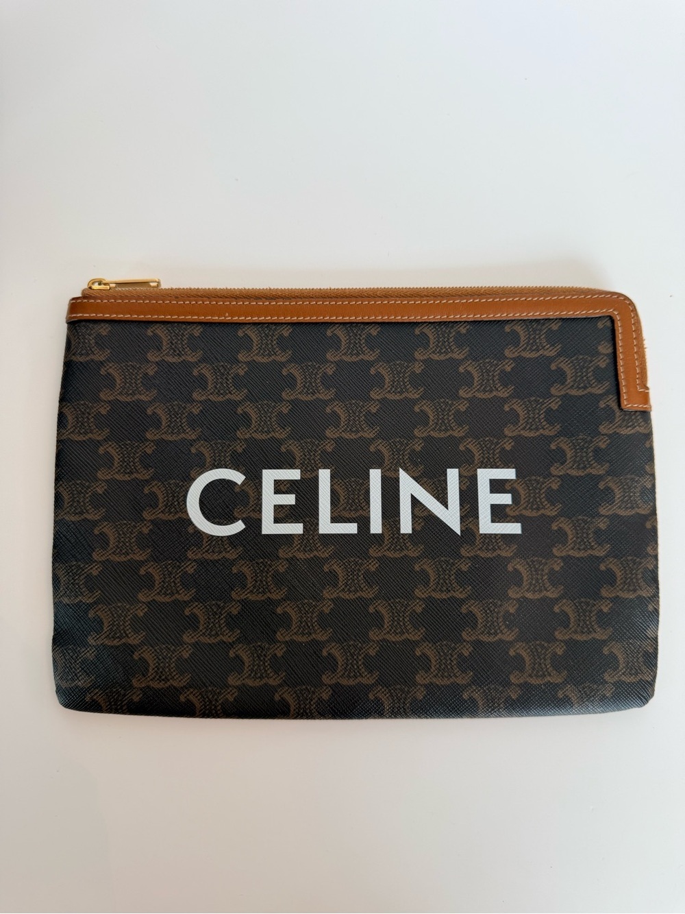 Celine Brown Monogram Canvas Zip Pouch with Tan Leather Trim